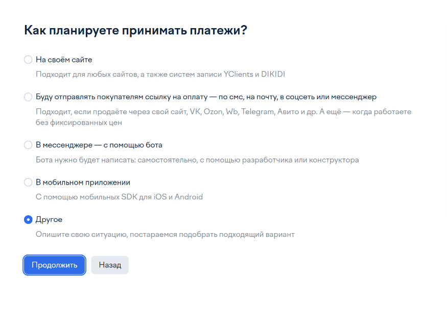 Выбор способа приёма платежей: «Другое»